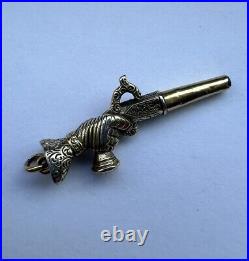 Antique Georgian Victorian Gilt Gold Silver Hand Holding Pistol Watch Key Charm