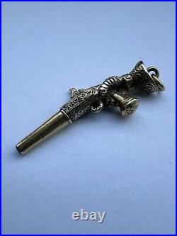 Antique Georgian Victorian Gilt Gold Silver Hand Holding Pistol Watch Key Charm