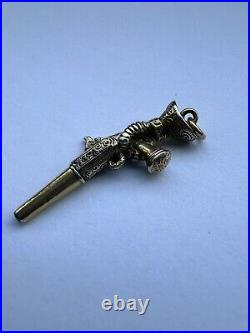 Antique Georgian Victorian Gilt Gold Silver Hand Holding Pistol Watch Key Charm
