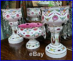 Antique German Cased Glass Pink White Hand Painted Lustre Lamp Garniture Bowl