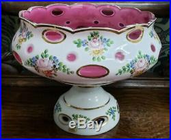 Antique German Cased Glass Pink White Hand Painted Lustre Lamp Garniture Bowl