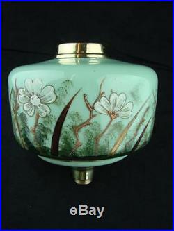 Antique Glass Oil Lamp Font Superb Hand Painted / Enamelled Floral Decoration