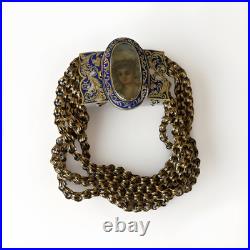 Antique Gold + Enamel Rolo Link Bracelet Oval Hand Painted Portrait Box Clasp 7