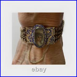 Antique Gold + Enamel Rolo Link Bracelet Oval Hand Painted Portrait Box Clasp 7