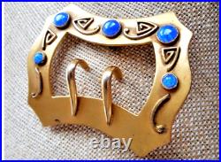 Antique Gold-Plated Lapis Cabochon Hand Signed WINNIE Huge Stunning Sash Brooch