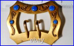 Antique Gold-Plated Lapis Cabochon Hand Signed WINNIE Huge Stunning Sash Brooch
