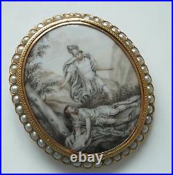 Antique Gold Sepia Seed Pearl Hand Painted Brooch
