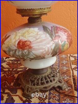 Antique Gone With the Wind Oil Lamp Light Victorian Hand Painted Purple / red