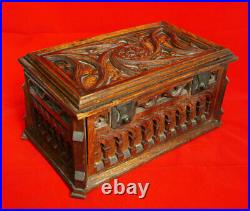 Antique Gothic Revival Intricately Hand-Carved Oak Mystery Puzzle Box / Casket