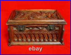 Antique Gothic Revival Intricately Hand-Carved Oak Mystery Puzzle Box / Casket