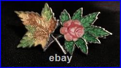 Antique Guilloche Pink Rose Brooch Sterling Silver White Gold Gilded 935 Pin