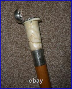 Antique H/M Silver 1895 Gadget Cane (DICE SHAKER)- Hand Carved Jockey Top 84cm