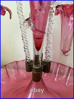 Antique Hand Blown 1800's Victorian Cranberry Glass Epergne Four Horn