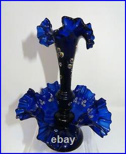 Antique Hand Blown Cobalt Blue Single Victorian Glass Epergne with Enamel Paints