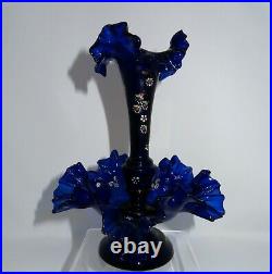 Antique Hand Blown Cobalt Blue Single Victorian Glass Epergne with Enamel Paints