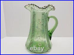 Antique Hand Blown & Hand Painted Ornate Victorian Floral Green Glass Pitcher