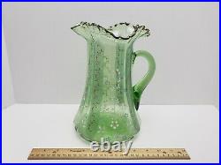 Antique Hand Blown & Hand Painted Ornate Victorian Floral Green Glass Pitcher
