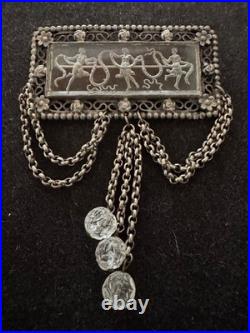 Antique Hand Carved Glass Intaglio Brooch With Classical Scene, Filigree C 1900