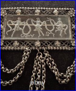 Antique Hand Carved Glass Intaglio Brooch With Classical Scene, Filigree C 1900