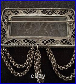 Antique Hand Carved Glass Intaglio Brooch With Classical Scene, Filigree C 1900