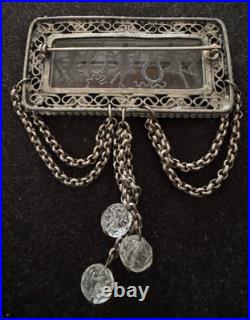 Antique Hand Carved Glass Intaglio Brooch With Classical Scene, Filigree C 1900