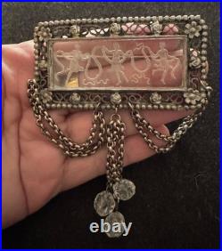 Antique Hand Carved Glass Intaglio Brooch With Classical Scene, Filigree C 1900