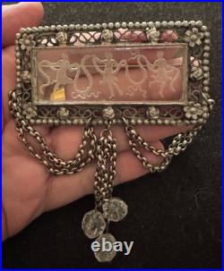 Antique Hand Carved Glass Intaglio Brooch With Classical Scene, Filigree C 1900