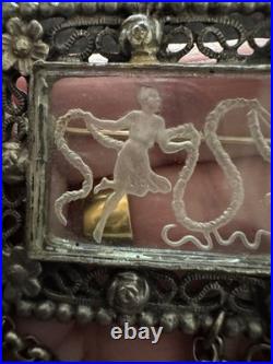 Antique Hand Carved Glass Intaglio Brooch With Classical Scene, Filigree C 1900