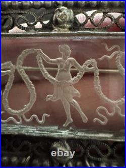 Antique Hand Carved Glass Intaglio Brooch With Classical Scene, Filigree C 1900