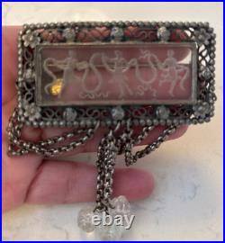 Antique Hand Carved Glass Intaglio Brooch With Classical Scene, Filigree C 1900