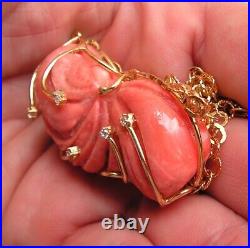 Antique Hand Carved Red Coral Victorian lucky Pendant sculpted flaky original