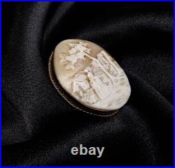 Antique Hand-Carved Shell Cameo Brooch With Romantic Village Scene & Gold-Tone F
