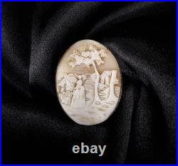 Antique Hand-Carved Shell Cameo Brooch With Romantic Village Scene & Gold-Tone F