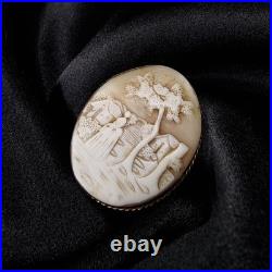 Antique Hand-Carved Shell Cameo Brooch With Romantic Village Scene & Gold-Tone F