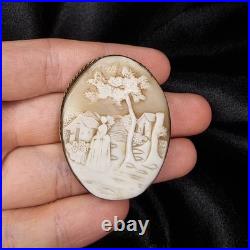 Antique Hand-Carved Shell Cameo Brooch With Romantic Village Scene & Gold-Tone F