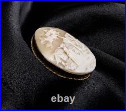 Antique Hand-Carved Shell Cameo Brooch With Romantic Village Scene & Gold-Tone F