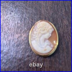 Antique Hand Carved Shell Cameo Pin Pendant Brooch Victorian Woman 10kt