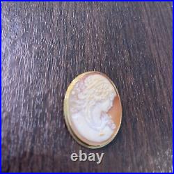 Antique Hand Carved Shell Cameo Pin Pendant Brooch Victorian Woman 10kt