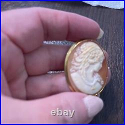 Antique Hand Carved Shell Cameo Pin Pendant Brooch Victorian Woman 10kt