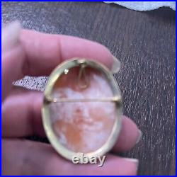 Antique Hand Carved Shell Cameo Pin Pendant Brooch Victorian Woman 10kt