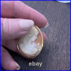 Antique Hand Carved Shell Cameo Pin Pendant Brooch Victorian Woman 10kt