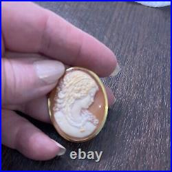 Antique Hand Carved Shell Cameo Pin Pendant Brooch Victorian Woman 10kt