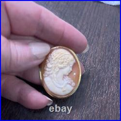 Antique Hand Carved Shell Cameo Pin Pendant Brooch Victorian Woman 10kt