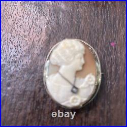 Antique Hand Carved Shell Cameo Pin Pendant Brooch Victorian Woman Diamond