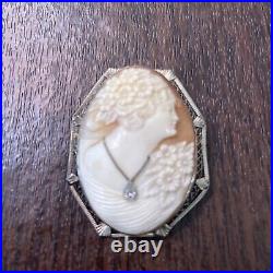 Antique Hand Carved Shell Cameo Pin Pendant Brooch Victorian Woman Diamond