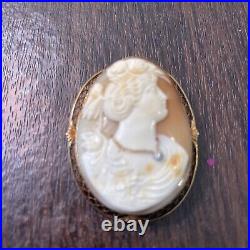 Antique Hand Carved Shell Cameo Pin Pendant Brooch Victorian Woman Diamond