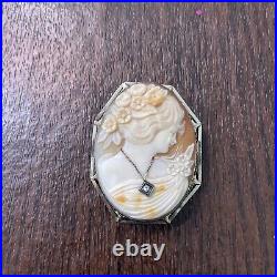 Antique Hand Carved Shell Cameo Pin Pendant Brooch Victorian Woman Diamond