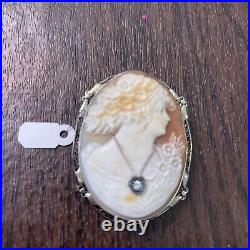 Antique Hand Carved Shell Cameo Pin Pendant Brooch Victorian Woman Diamond