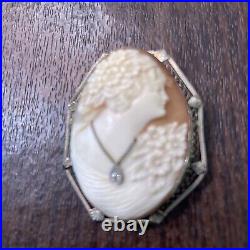 Antique Hand Carved Shell Cameo Pin Pendant Brooch Victorian Woman Diamond