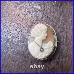 Antique Hand Carved Shell Cameo Pin Pendant Brooch Victorian Woman Diamond